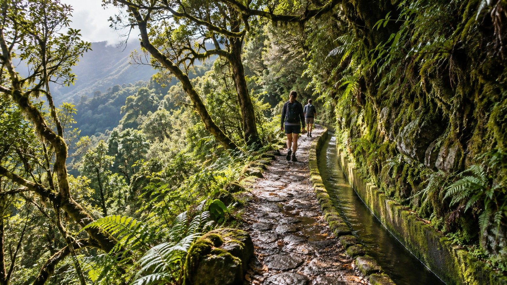 Walkers beside a levada in Madeira's Laurisilva forest