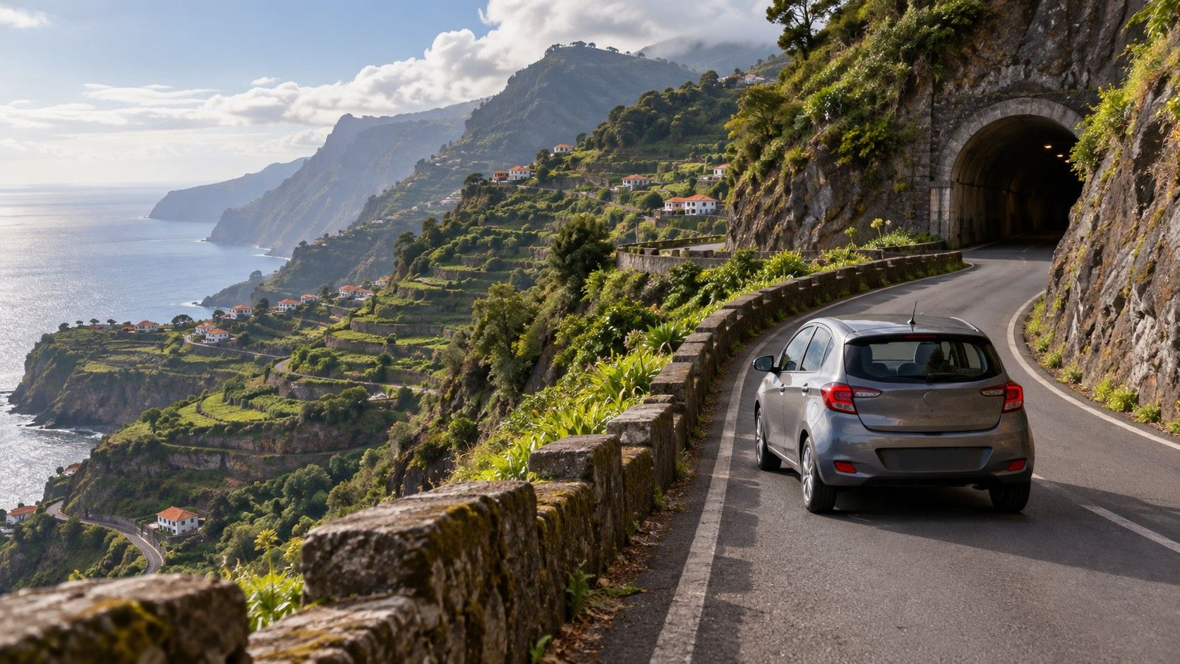 Car on a winding Madeira mountain road