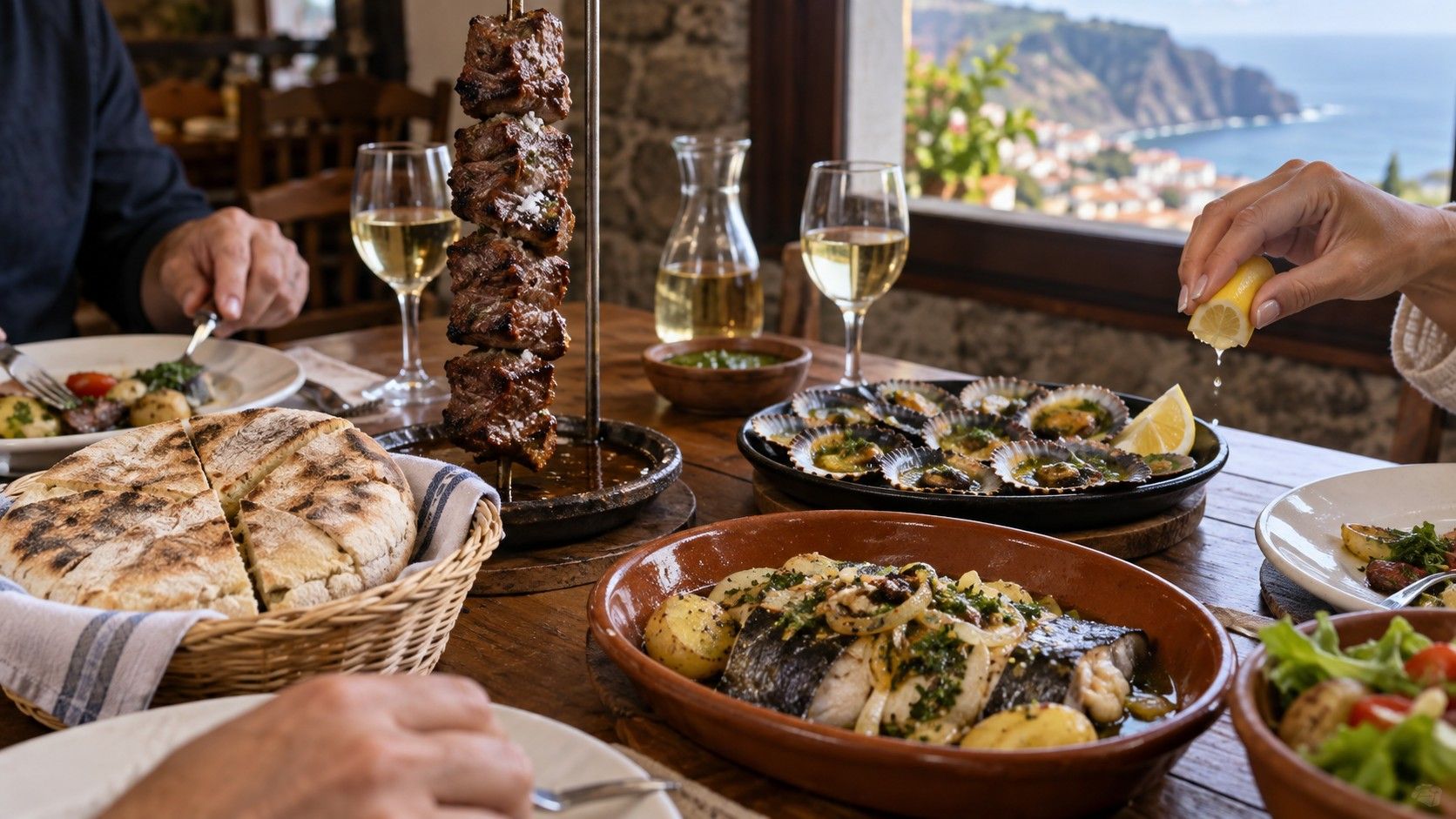 Traditional Madeiran dishes on a restaurant table