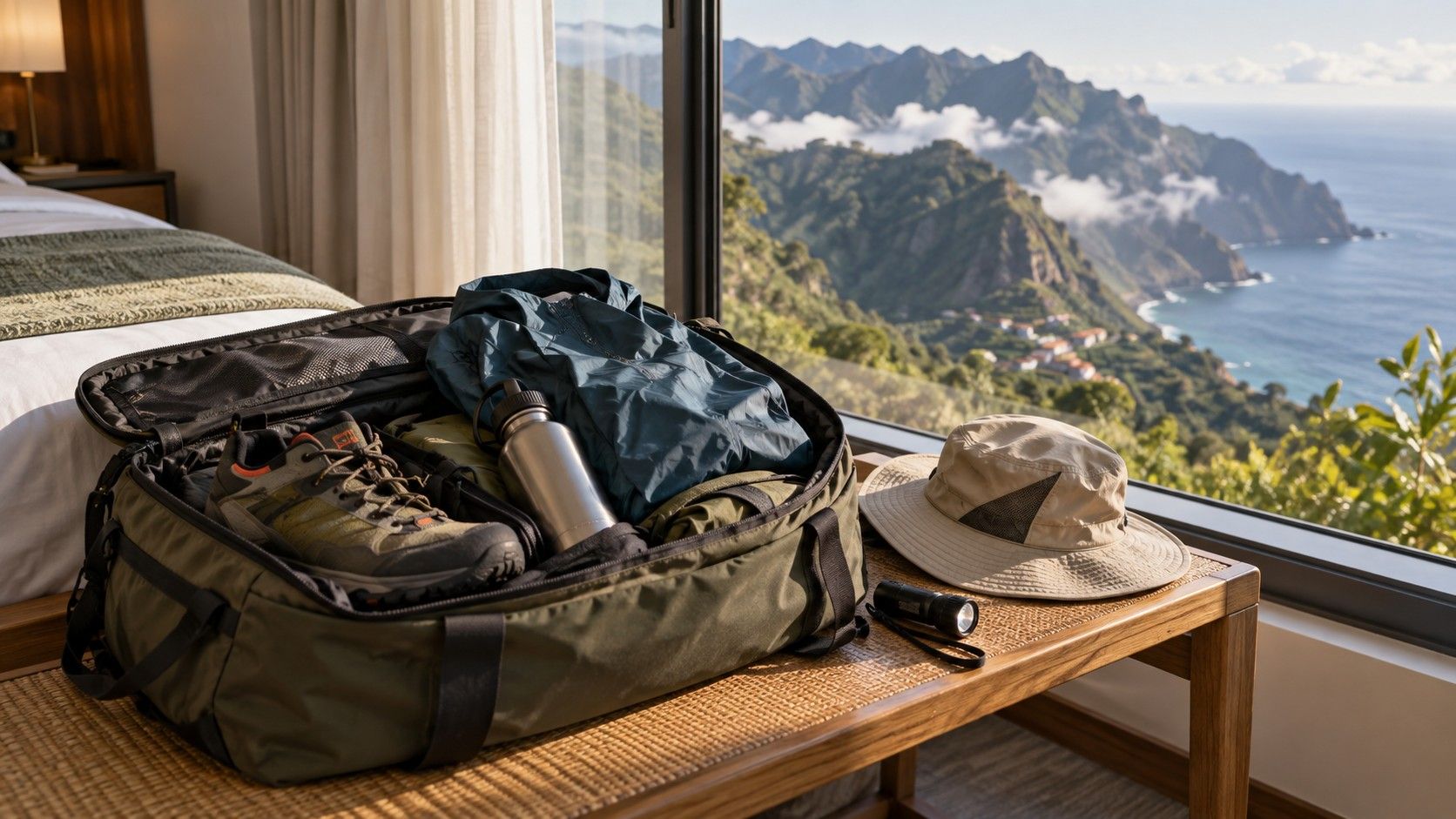 Layered hiking clothes packed for Madeira