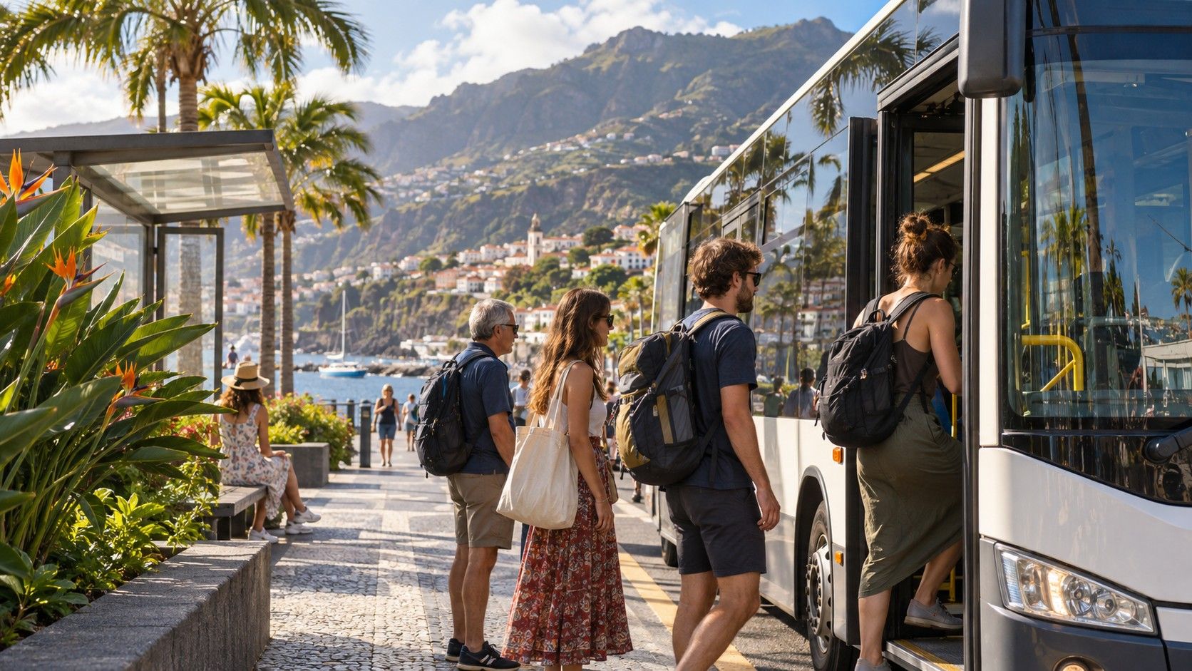 Public bus travelling along the Madeira coast