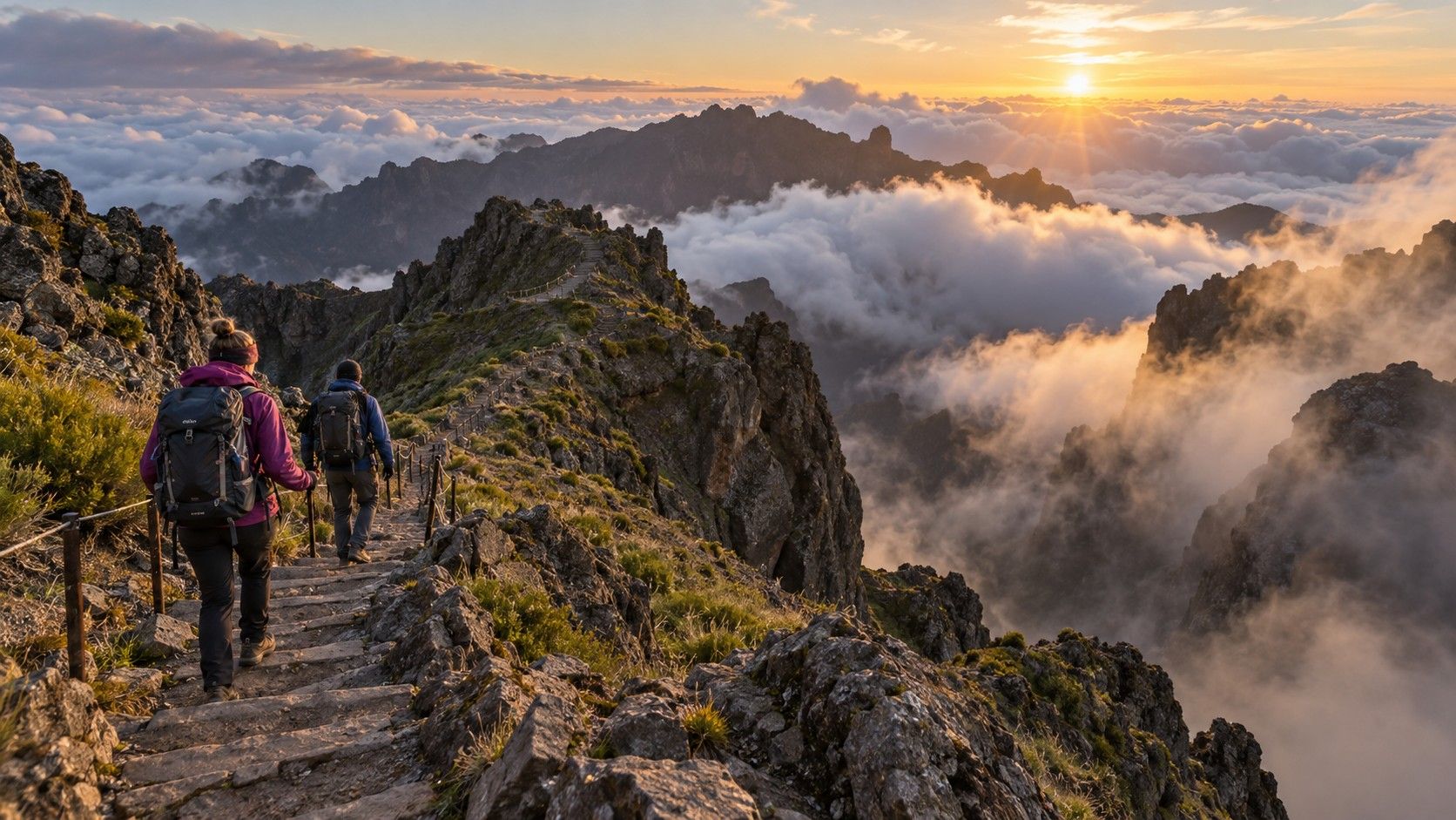 Hikers on the Pico do Arieiro mountain ridge